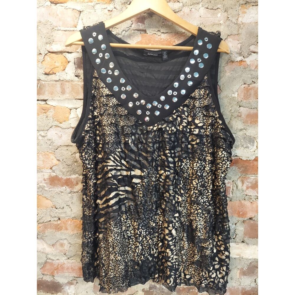 ELEMENTZ Nina B Womens 2X Multicolor Animal Print Studded V Neck Tank Top